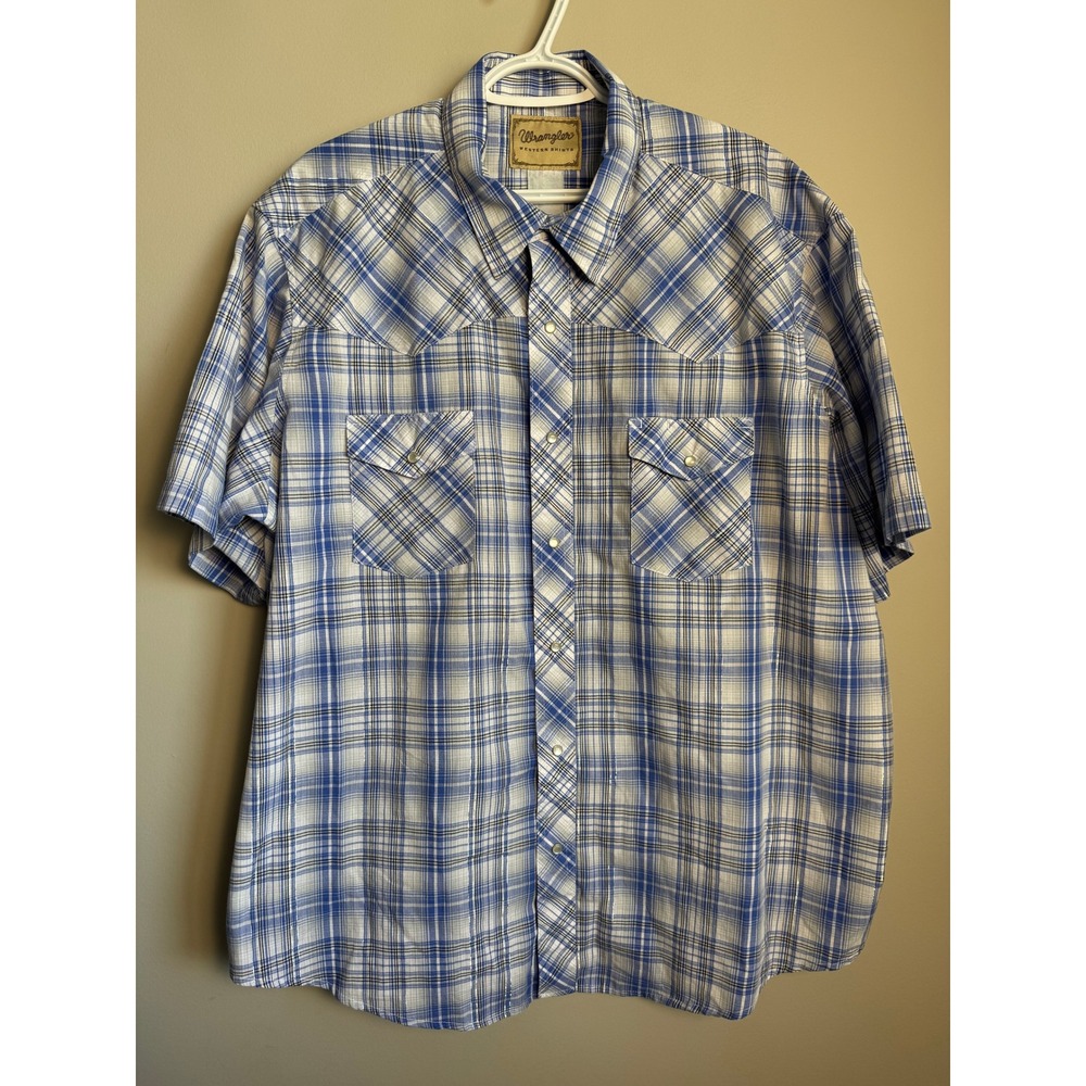 Wrangler Western Shirt Short Sleeve Pearl Snap Plaid  Mens 2XL Silver Metallic